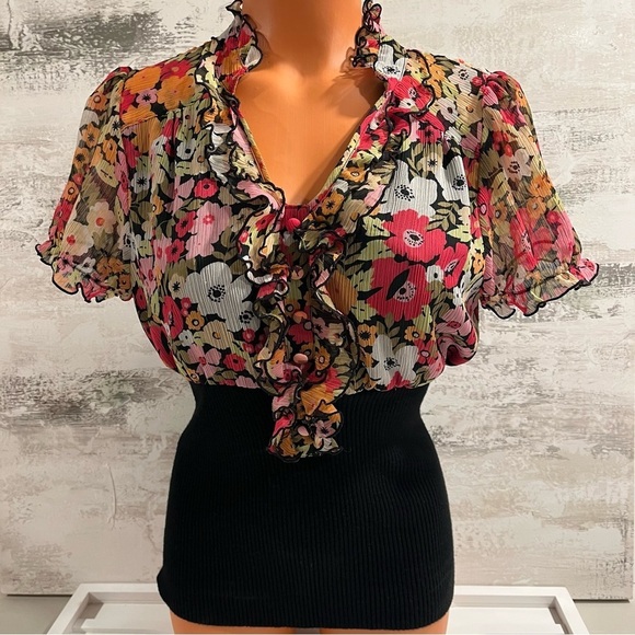 Vtg‎ STUDIO 1940 Boho Ruffled Georgette FLORAL Black Stretch Knit Top Womens M - Picture 1 of 14